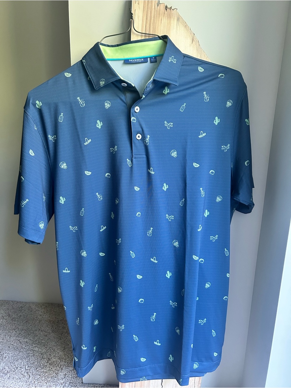 Devereux Golf Fiesta Southwestern Skull Cactus Polo - Slate Blue - Size M